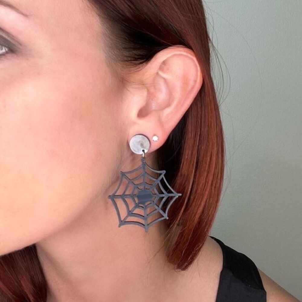 Halloween Spooky Black Acrylic Spiderweb Dangle Post Earrings